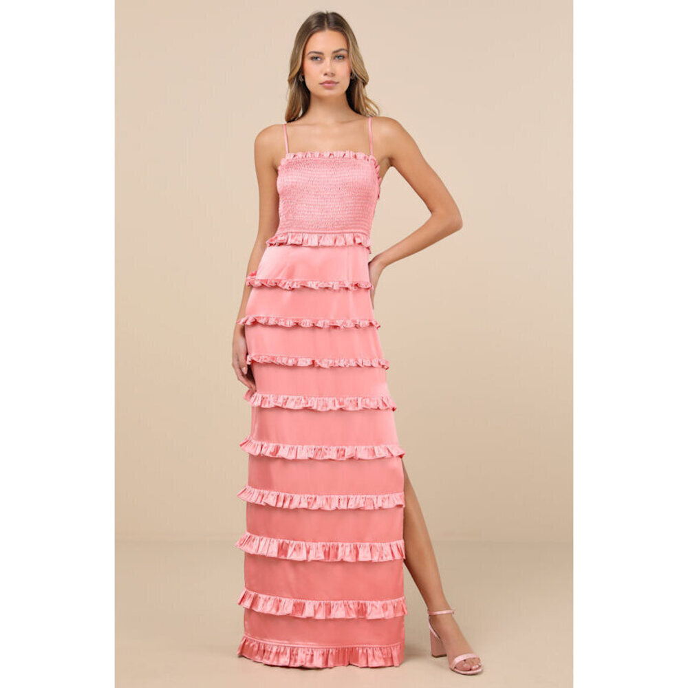 Lulus Sincerely Fabulous Peach Pink Satin Smocked Ruffled Maxi Dress - Size L